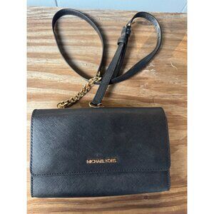 Michael Kors Black Leather Jet Set Travel Clutch Crossbody Bag With Gold Chain S
